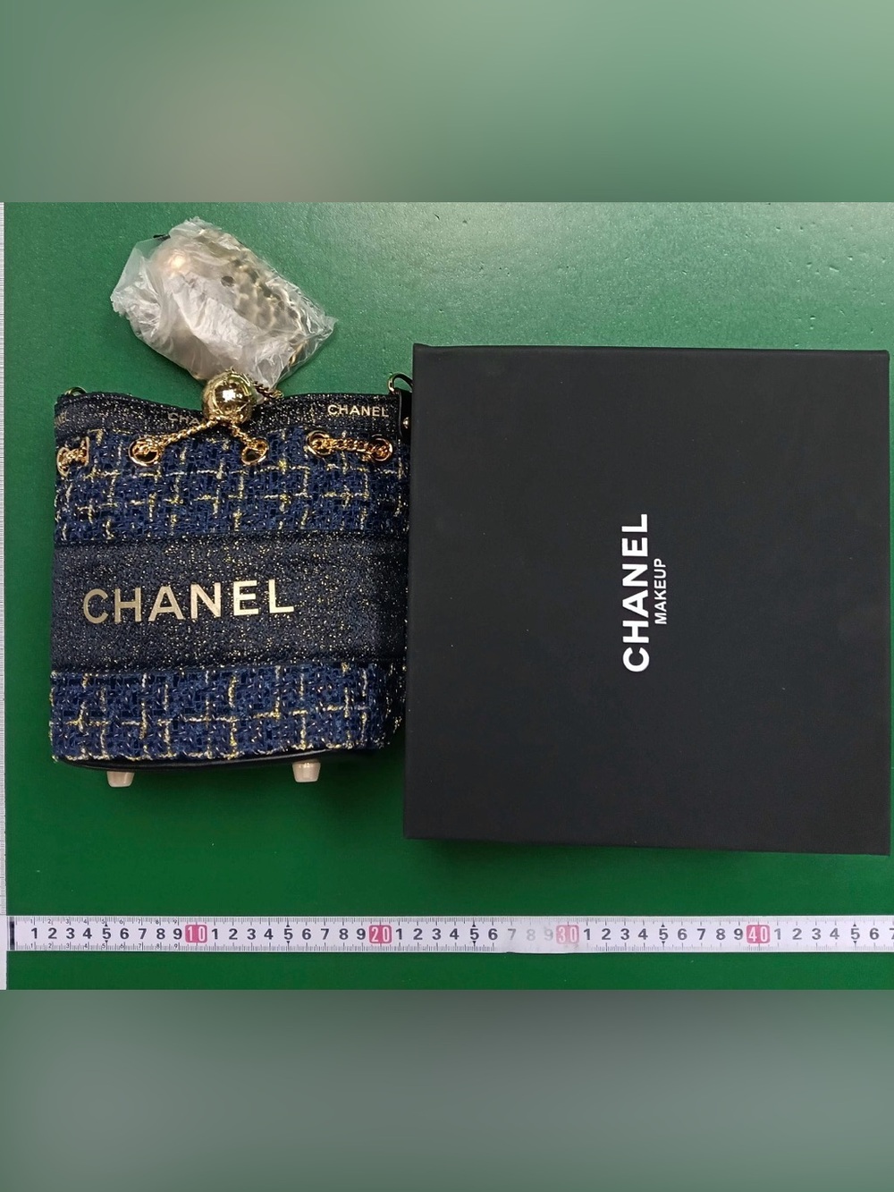Luxury Navy Tweed Bucket Bag with Gold Chain Accents